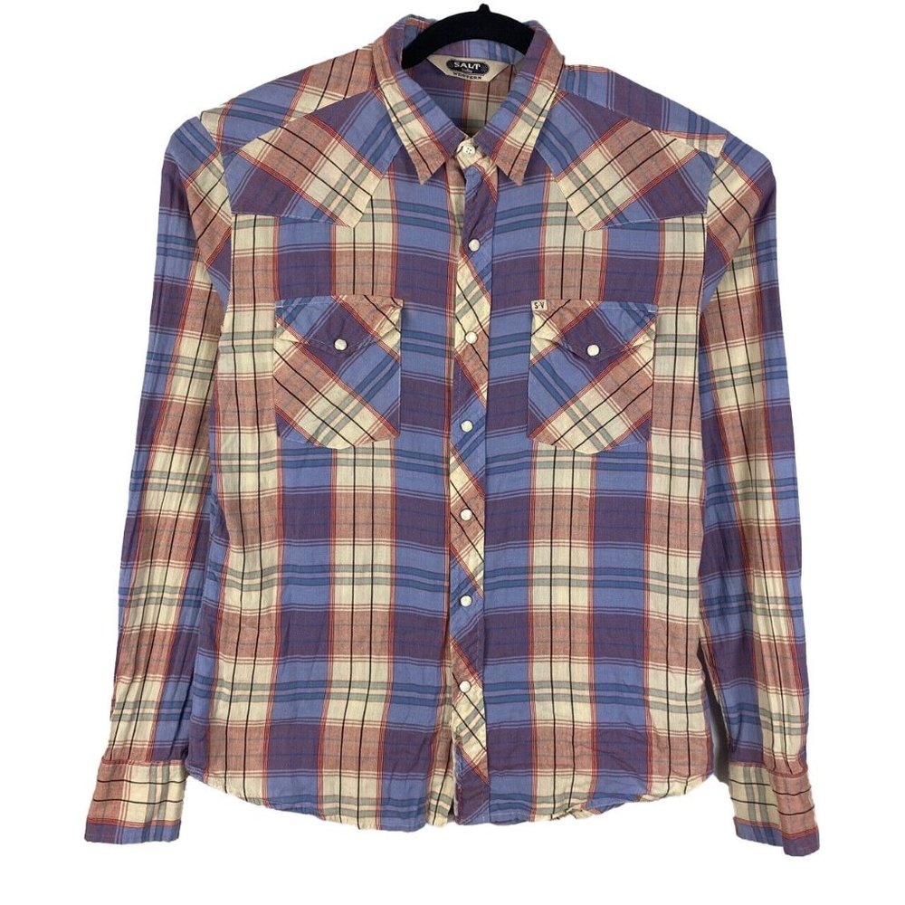 Salt Valley Western Pearl Snap Button Shirt Mens Plaid Cotton Long Sleeve Medium